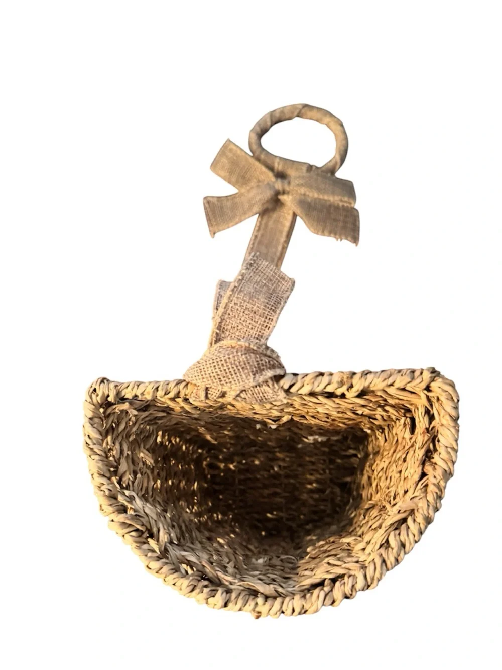 90’s Vintage Rustic Burlap Bow Hanging Woven Seagrass Basket for Flowers 19”